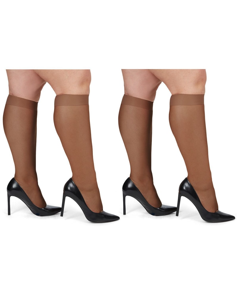 Side of a model wearing a size 1X-2X Silky Sheer Plus Size Curvy Knee High Stockings 2 Pack in Utopia by Memoi. | dia_product_style_image_id:299461